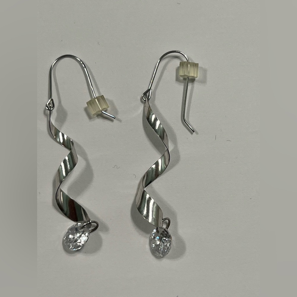 14k White GOLD Minimalist Spiral  Long Dangle Earrings